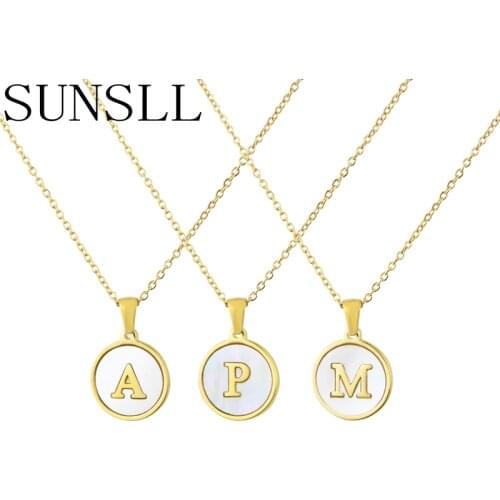 SUNSLL Golden Stainless Steel White Shell Letter Pendant Necklace Womens Fashion Jewelry CZ Colar Feminina