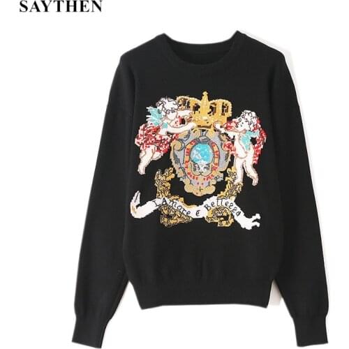 SAYTHEN Jersey Mujer Casual Black Pullover 2021 Embroidery Pattern Vintage O-neck Fall Knitted Angel Crown Sweater Women Jumper