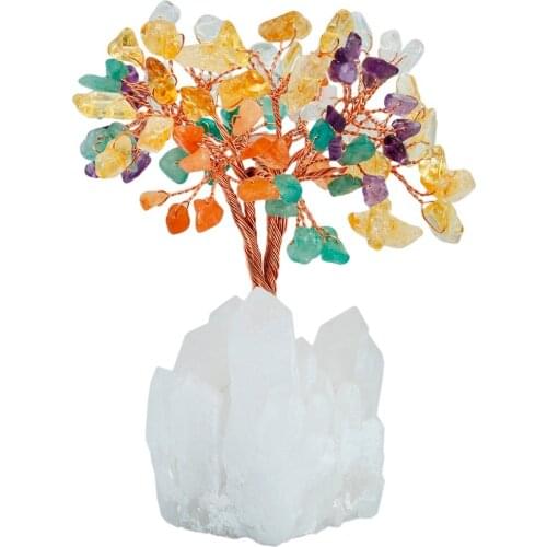 TUMBEELLUWA 4 Inch Mixed Stone Money Tree,Natural Rock Quartz Cluster Base Bonsai Figurine for Wealth and Luck