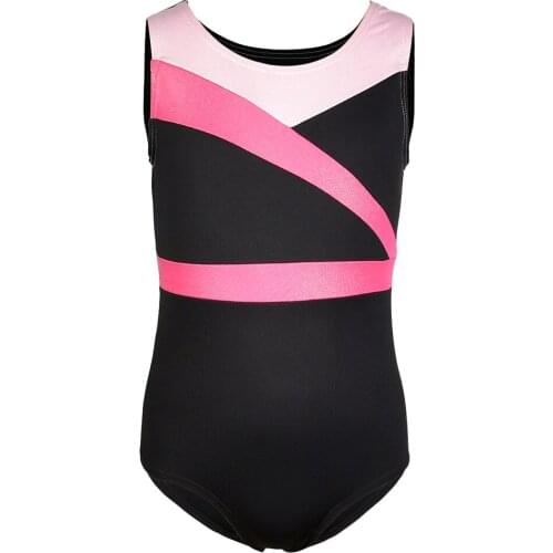 Girls Uniform Pink Black Spliced Pattern Leotard Dance Gymnastics Ballet Sleeveless Bodysuit Kids