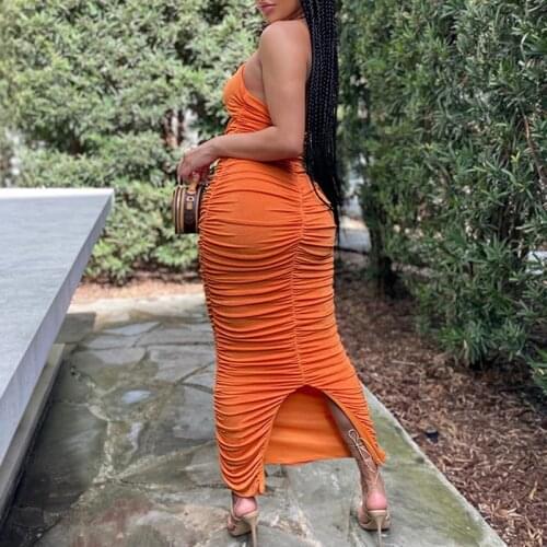Party Backless Dress Spaghetti Strap 2021 Summer Women Sexy Bodycon Wrinkled DressOrange Fashion Lady Midi Clubwear G2761