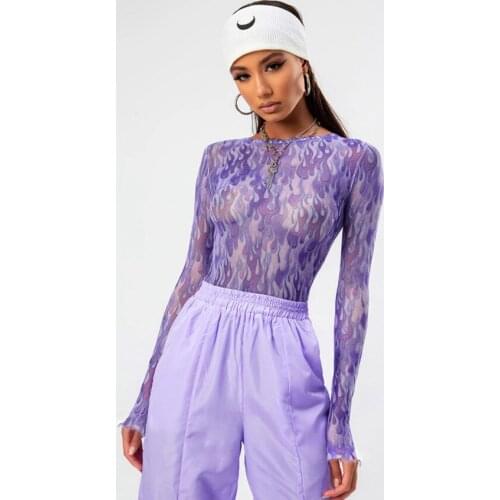 Vintage Ruffle Flame Printed Purple Mesh Crew Neck Transparent T-shirt Tie-dye Slim Sexy Mesh Tops Y2K Club Long-sleeved Tops