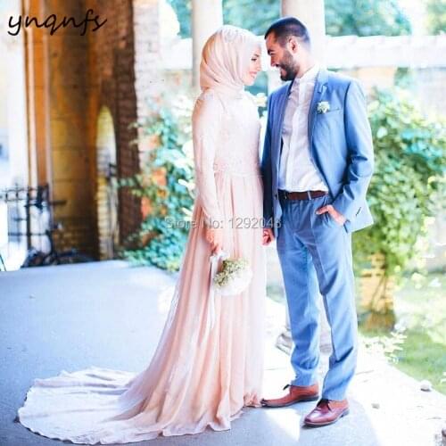 YNQNFS MW32 Formal Dress Party Gown High Neck Long Sleeve Lace Abiye Hijab Muslim Bridesmaid Dresses Chiffon 2019