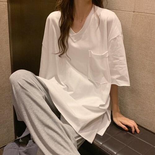 New loose mid-length solid color pocket V-neck short-sleeved T-shirt female summer wild plus size round neck Harajuku style