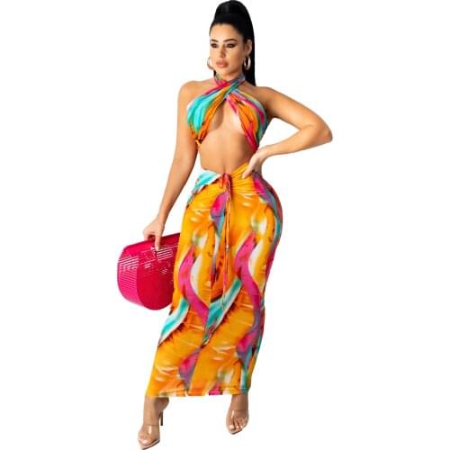 Women Dresses Summer Holiday Two Piece Outfits Women Sets Bra Top Bodycon Midi Skirts Party Night Club Elegant Sundress