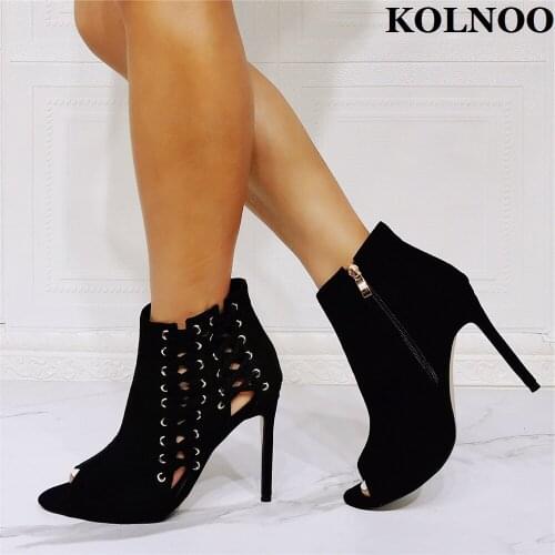 Kolnoo Handmade Real Pictures Ladies High Heels Pumps Kid-Suede Leather Peep-Toe Black Dress Shoes Evening Fashion Court Shoes