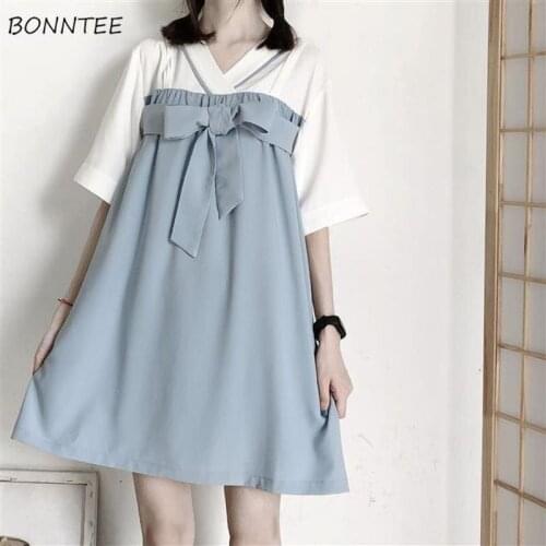 Dress Women Summer Patchwork Bow Students Mini Leisure Korean Style Popular Soft Design Lovely Girls Trendy Sweet Vestidos Ins