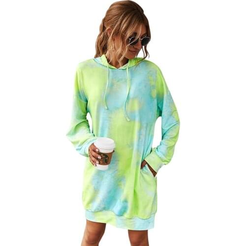 Casual Tie Dye Print Sweatshirt Dress for Women Autumn Long Sleeve Hooded Slim Mini Dress Female Pocket Hoodies Sweatshirt Dress