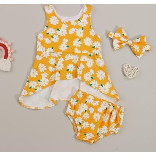 Little Girl’s Vest and Shorts Suit Fashion Floral Sleeveless Tops and Triangle Shorts with Headband