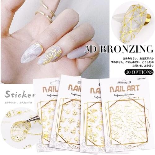 1 Sheet Golden 3D Bronzing Nail Stickers Flowers Leaf Plants Vines Mix Design DIY Self-adhesive Stickers Nail Decoration Tips