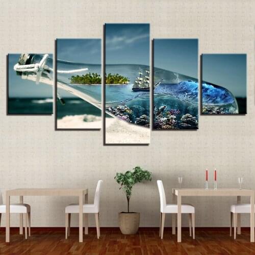 5 Pieces Ocean World In A Wishing Bottle Paintings Abstraction Beach Sailboat Poster Wall Art HD Print Canvas Poster Home Decor