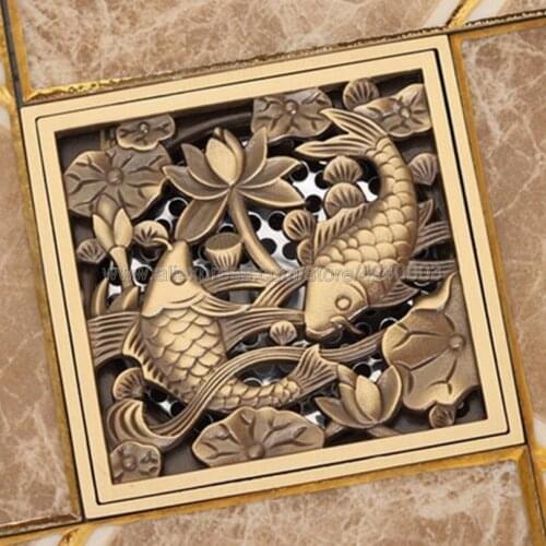 Antique Bronze Brass fish Floor Drains Art Carved Bathroom Shower Square Strainer Waste Grate Floor Drain Khr023