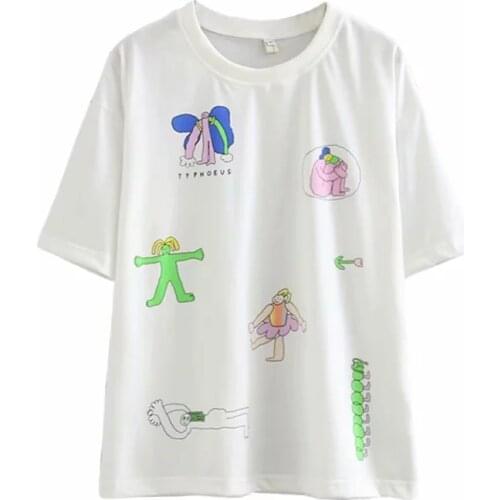White Harakuju Cartoon Print Graphic T Shirts 2021 Summer Short Sleeve O-neck Cotton Tops Sweet Style Female Girl Kawaii Clothes