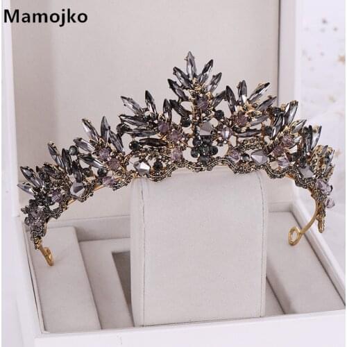 Mamojko Black Baroque Crown Tiaras Queen Vintage Crystal Rhinestone Bridal Hair Accessories Bride Headbands Wedding Hair Jewelry