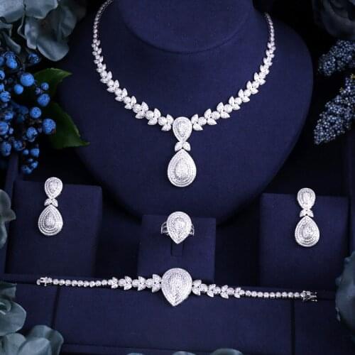 Janekelly Luxury cubic zirconia necklace bracelet earrings and ring 4pcs dubai full jewelry set for women,bridal dress dinner