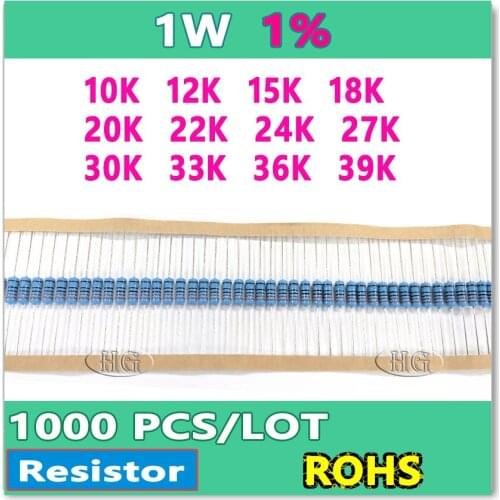 JASNPROSMA 1W 1000PCS/LOT 1% 10K 12K 15K 18K 20K 22K 24K 27K 30K 33K 36K 39K metal film DIP OHM Box packing