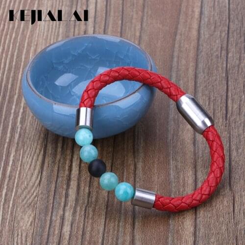 KEJIALAI 8mm Natural Round Stone Bead Stainless Steel Charms Genuine Leather Handmade Unisex Bracelet Bangle B5015