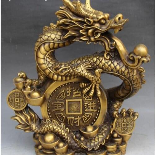 15" China Bronze Fengshui Dragon Dragons Loong Coin Yuanbao Money Success Statue