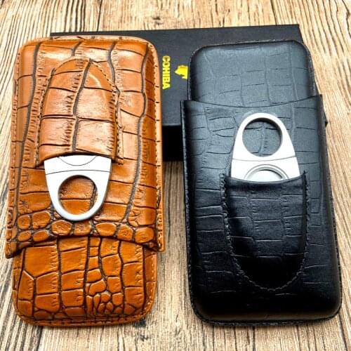 Leather Cigar Case Portable Cigar Humidor Travel Humidor Box For 3 COHIBA Cigars W/ Cigar Cutter