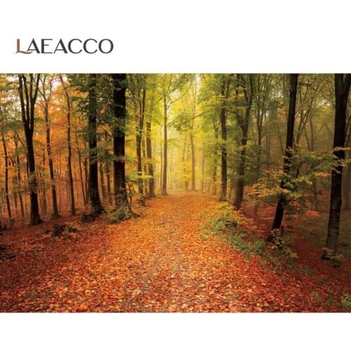 Laeacco Autumn Forest Tree Fallen Leaves Maples Mystery Pathway Natural Scenic Photo Background Photographic Backdrop Photocall