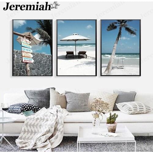 Summer Series Beach Canvas Poster Coconut Palm Tree Beach Umbrella Painting Wall Art Nordic Home Living Room Decoration