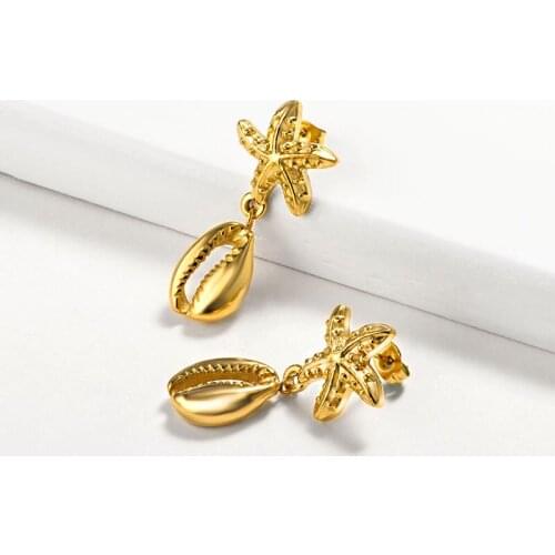 Baoyan Trendy Solid Gold Drop Earrings Vintage Golden Stainless Steel Earrings Bohemian TItanium Cowrie Shell Earrings For Women