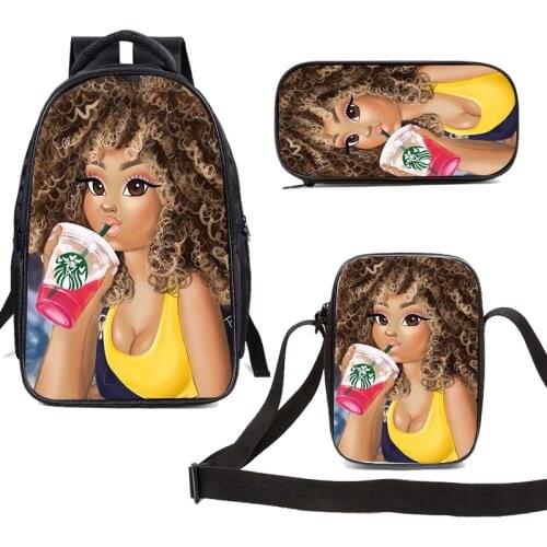 Fashion Afro Lady 3pcs School Backpack Shoulder Crossbody Bag Pencil Case Girls Travelling Backpack Purse for Women Kids Bookbag
