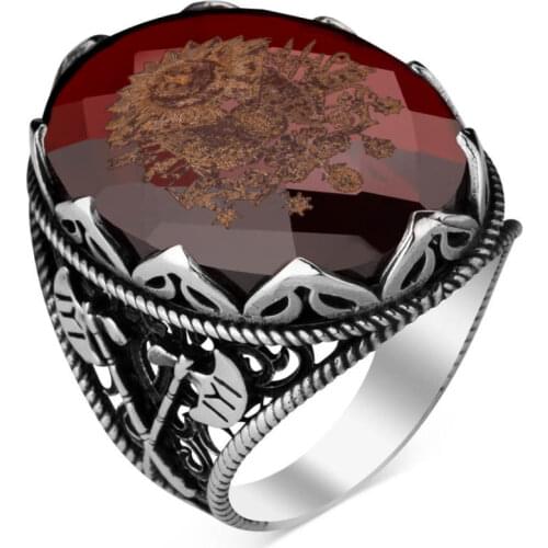 Silver Red Zircon Faceted Men Ring Ottoman Coat of Arms Motif Ring Vintage Ax Style Jewelery Sultans Collection Accessory