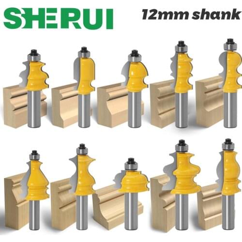 10pcs 12mm Shank Architectural Molding Handrail Router Bits Set Casing Base CNC Line Woodworking Cutters Face Mill