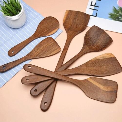 New Natural Wood Tableware Spoon Frying Pan Scoop Cooking Utensils Fried Shovel Spatula Kitchen Cooking Tool