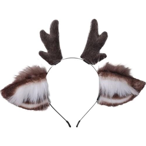 Faux Fur Ears Plush Antler Headband Reindeer Animal Hair Hoop Cosplay Costume F3MD