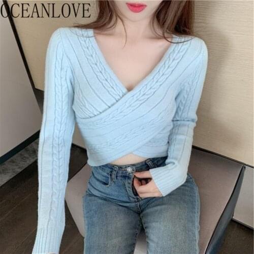 OCEANLOVE Criss Cross Solid Short Jersey Mujer V Neck Autumn Slim Korean Fashion Pull Femme High Waist Sweet Women Sweaters