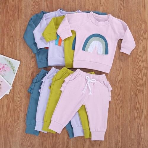 2020 Autumn Newborn Baby Boy Girl Clothes Set Rainbow Printed Long Sleeve Tops Bow Pants 2Pcs Outfits Cotton Clothes