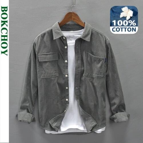 Autumn Winter Men Corduroy Pure Cotton Shirt Long Sleeve Vintage Pockets Warm Thin Coat Gml04-C312