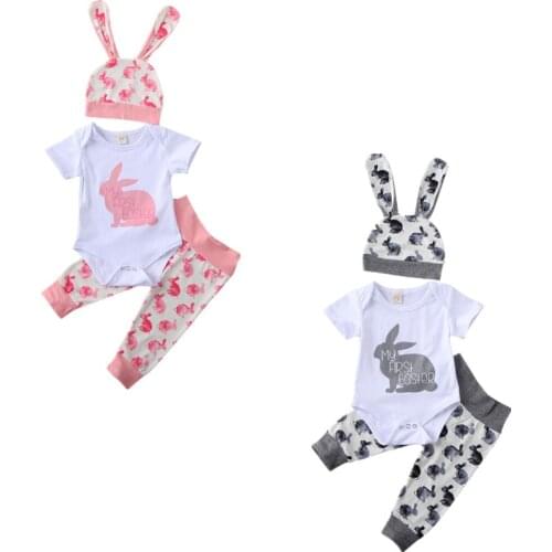 2020 Newborn Infant Baby Boy Girl Easter Outfits Clothes Long Sleeve Bodysuit+3D Ear Leggings+ Hat 3Pcs Set