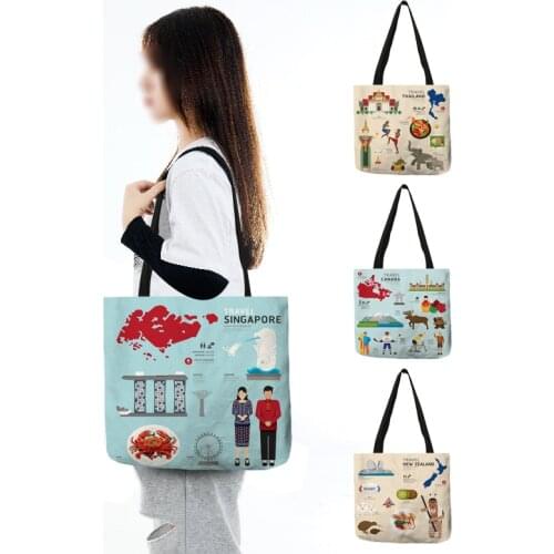Cartoon World Traveling Countries Features Print Beach Tote Bag Fashion Womens HandbagCloth Shoulder Bags Shopping Bag 2021