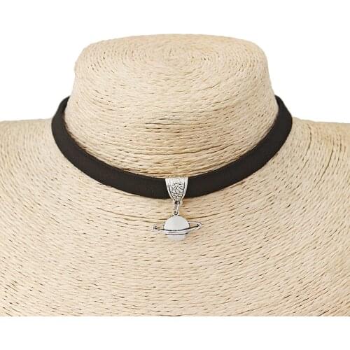 Adjustable Black 10mm Flat Faux Suede Cord Saturn Planet Charm 13" Choker Necklace Wiccan Pagan Gothic Neckalce
