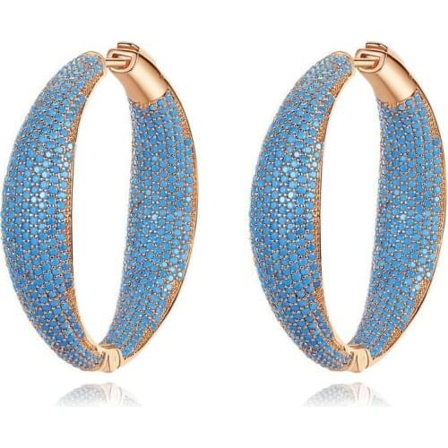 Luxury Round Circle Blue Cubic Zirconia Statement Hoop Earrings For Women Wedding DUBAI Rose Gold Big Earring