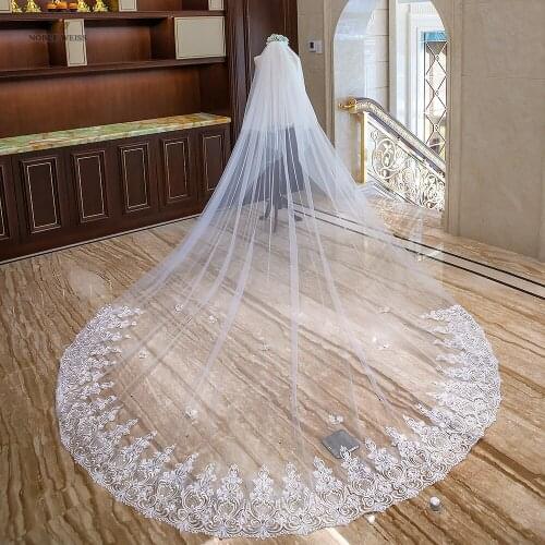 Ivory Wedding Veils Long Cathedral Length Appliques 2T Bridal Veils with Comb Crystal Wedding Veil 3*4 meters