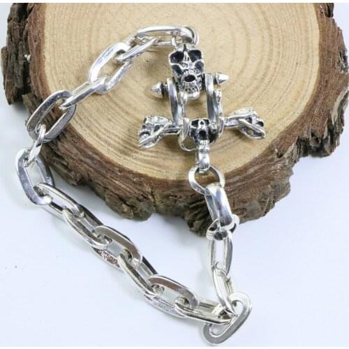 Japan And South Korea S925 Sterling Silver Skull Bracelet Male And Female Retro Thai Silver Punk Locomotive Style Jewelry
