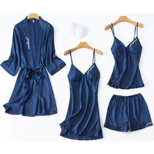 Daeyard Silk Pajamas For Women Solid Striped 4Pcs Pyjamas Set Embroidery Spring Summer Sexy Lace Pijamas Sleepwear Home Clothes