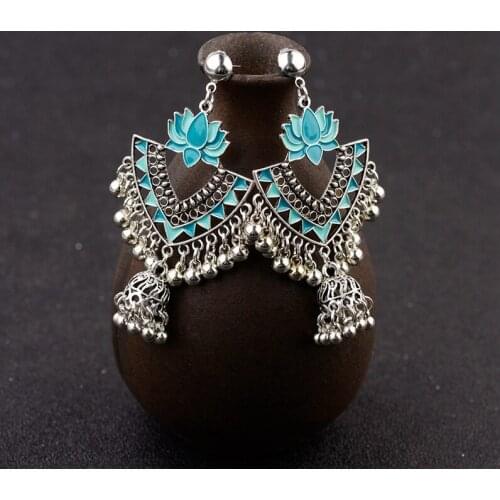 Egypt Vintage Green Lotus Jhumka Bells Tassel Earrings For Women Turkish Tribal Gypsy Triangle Indian Jewelry HXE068