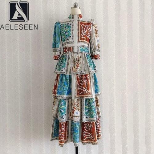 AELESEEN Runway Fashion Dress 2021 Lantern Sleeve Turtleneck Contrast Color Flower Print Vintage Long Cascading Ruffles Dress