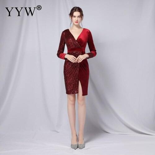 Women Long Sleeve Mid Evening Party Dresses Velvet Sequins Slit Short Vestidos V Neck Formal Dress Robe De Soiree De Wedding