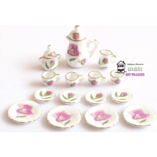 1/12 Miniature 15PCS Tea Cup Set Pink Peony and Golden Trim Porcelain Tableware Kit Dollhouse Kitchen Accessories