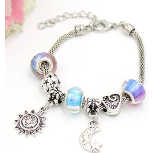 10PCS/Lot Free Shipping Jewelry Blue European Bead Star Sun Moon Charm Bracelets for Women Birthday Gift Bijoux Pulsera