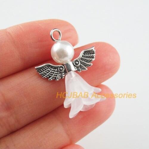 12 New Dancing Angel Charms White Acrylic Tibetan Silver Wings Pendants 21.5x29mm