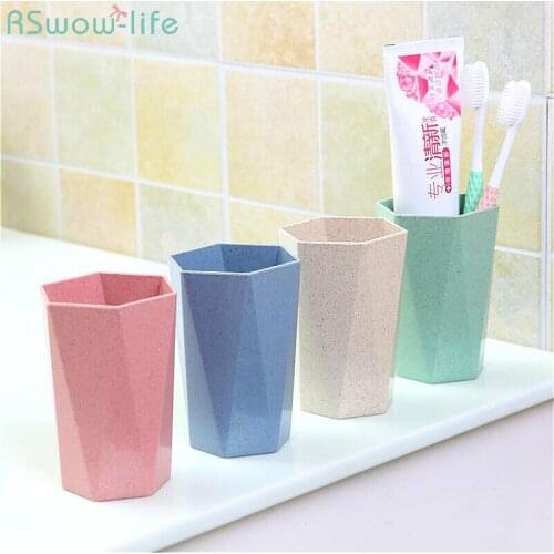 2Pcs Nordic Style Thickened Wheat Straw PP Diamond Cup Gargle Cup Household Couple Toothbrush Shaped Pure Color Rhombus Geometry