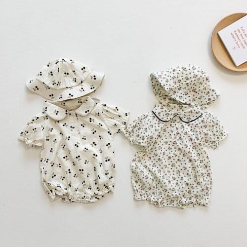 2021 New Summer Baby Girl Clothes Cute Childrens Floral Childrens Clothing Flowered Rompers Sets Kids Clothes With Hair Hat