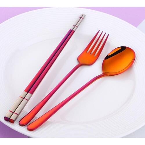 3pcs Stainless Steel Tableware korean stainless steel chopsticks spoon laser chopsticks 23cm pink steel Set